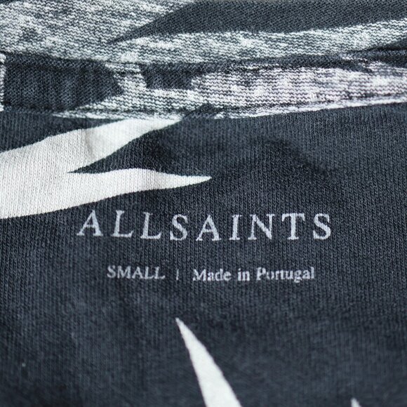 AllSaints Bhutan SS Crew Shirt Mens Small Black Gray Palm Print Short Sleeve Tee - Picture 6 of 10